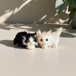 Vintage Miniature Furry Kitten Figurines Black White Cream Trinket Collection